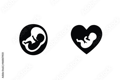Two baby fetus symbols one in an oval one in a heart representing conception and life