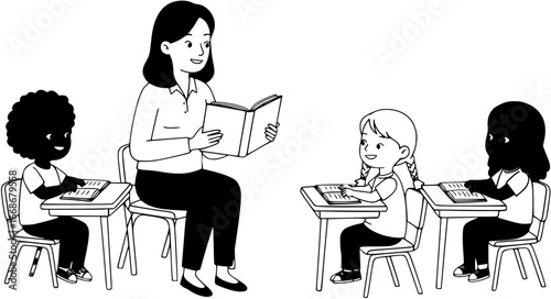 teacher reading to young students on a white background during a classroom activity