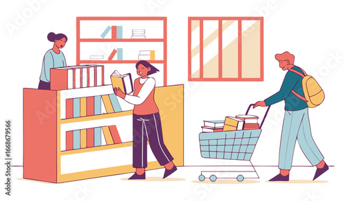 Diverse mini people choose books on bookshelves panorama. Customers make choice of novel, textbook to buy in bookstore. Library, literature store interior with reading buyers. Flat vector illustration