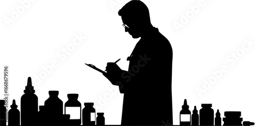Doctor writing a prescription in silhouette against a white background, surrounded by medicine bottles in a clinical setting
