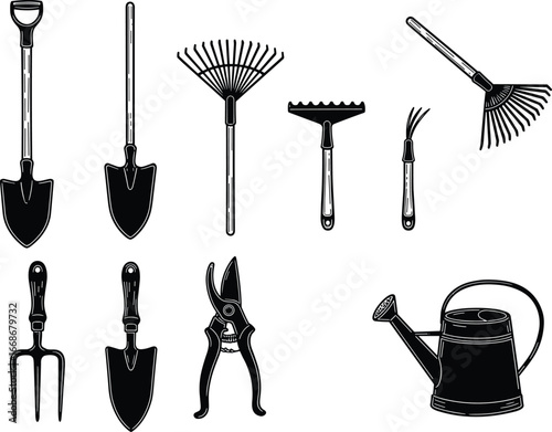 Silhouette set of gardening hand tools including shovel, spade, rake, trowel, fork, pruners, and watering can for landscaping, farming, outdoor yard work, and garden care