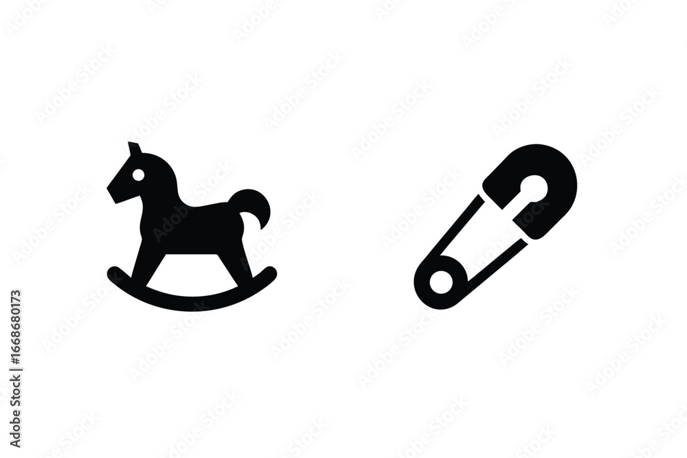 Φωτογραφία Classic rocking horse and safety pin icons on white for baby and childhood theme
