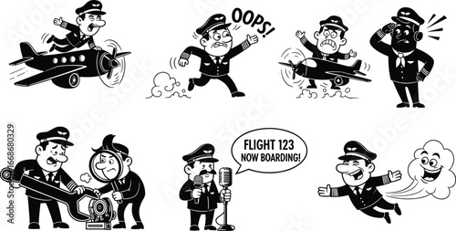 Black and white cartoon pilot illustrations, airplane humor, flight scenes, aviation comedy, airport announcement, running on plane, flying, travel, funny aircrew
