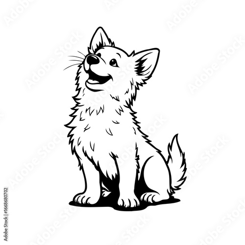A charming black and white sketch of a happy puppy looking up full of hope expressing joy and