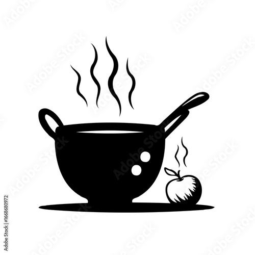 A simple design of a cooking pot with a hot meal alongside a fresh fruit showing nourishment