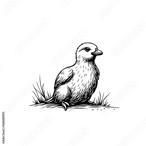 A small bird sits nestled among blades of grass sketched using simple black lines offering serenity