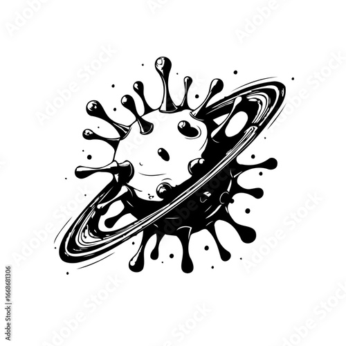 Abstract depiction of a virus cell encircled by planetary rings showcases infection and cosmic