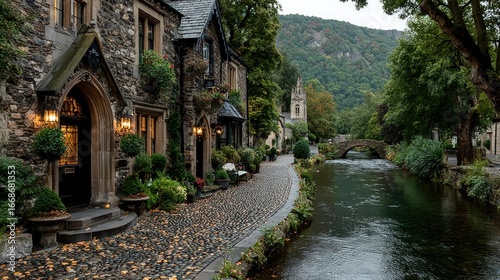 Picturesque stone houses line a cobblestone street beside a tranquil river in a quaint village nestled in a valley, autumn leaves scattered on the ground