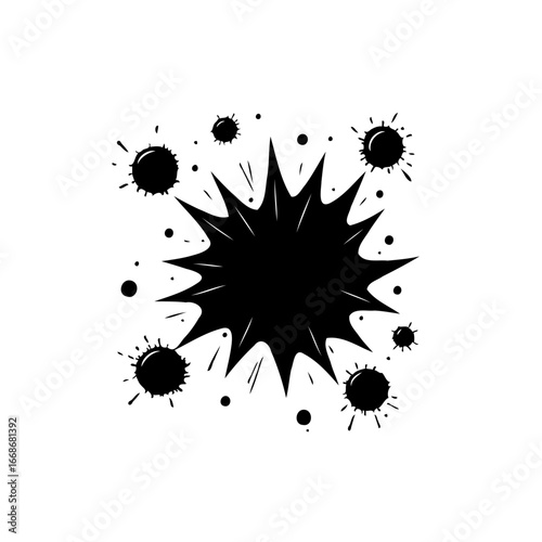 Abstract graphic element featuring a central starburst surrounded by splashes and splatters