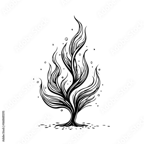 Abstract illustration of rising stylized flames or plant form black and white design isolated