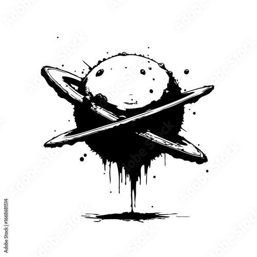 Abstract planetary depiction with rings in a surreal and artistic black and white illustration for