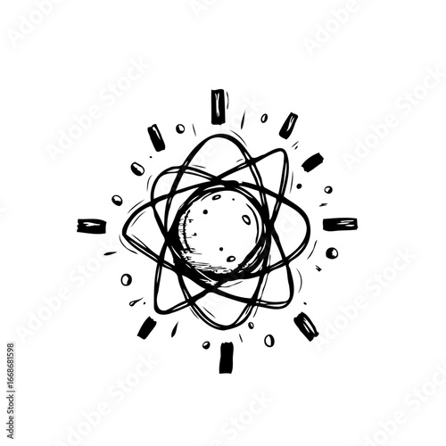 Abstract sketched atom model representing scientific exploration and structural analysis with