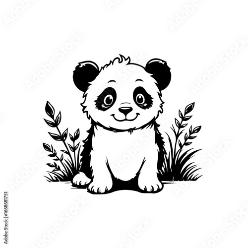 Adorable monochrome panda illustration sitting amidst lush foliage perfect for children's products