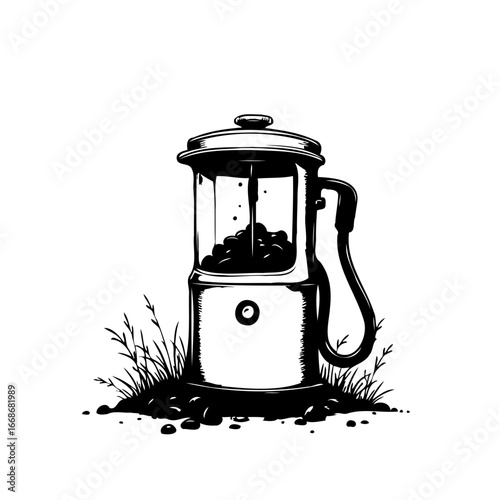 Antique coffeemaker amidst weeds a vintage style illustration shows a french press for coffee