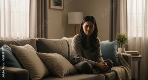 Woman sits sadly on sofa, home interior background