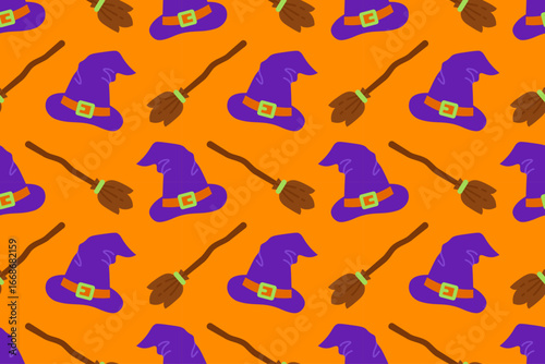 Seamless Halloween pattern with witch hats and broomsticks on orange background. Great for party decor, gift wrap, and spooky crafts.