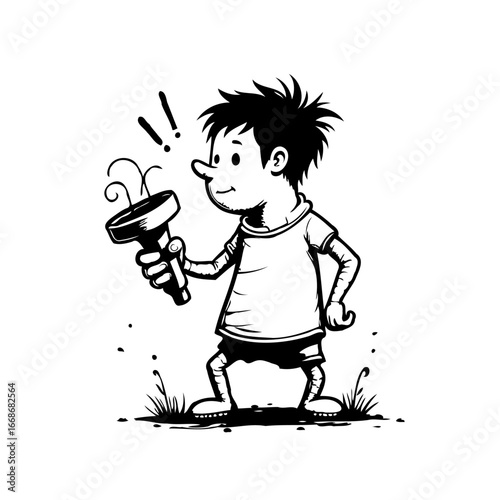 Cartoon boy enthusiastically examines a mysterious handheld device with surprising results