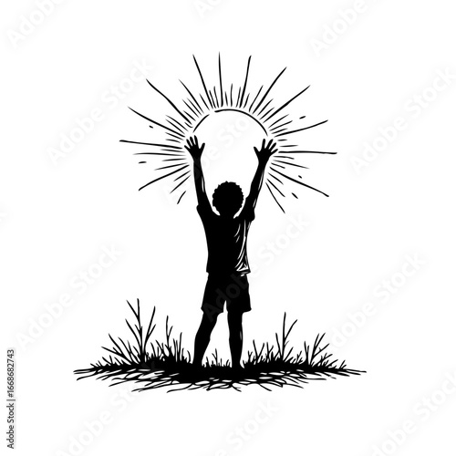 Celebrating the dawn a boy reaching for the morning sun in graphic illustration conveys hope and