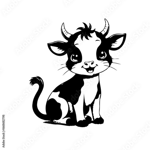 Charming black and white vector illustration of a whimsical cow calf character with cute design