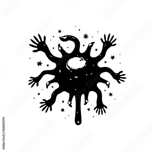Conceptualized stellar silhouette depiction hand drawn arms spreading outwards mystical star