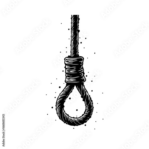 Darkly symbolic illustration of a noose against white conveys somber concepts regarding life