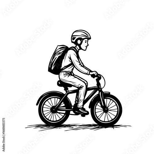 Delivery boy riding a bicycle with backpack in black and white vector illustration minimalist