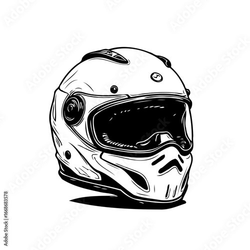 Detailed ink drawing showcases a protective motorbike helmet design emphasizing safety and modern