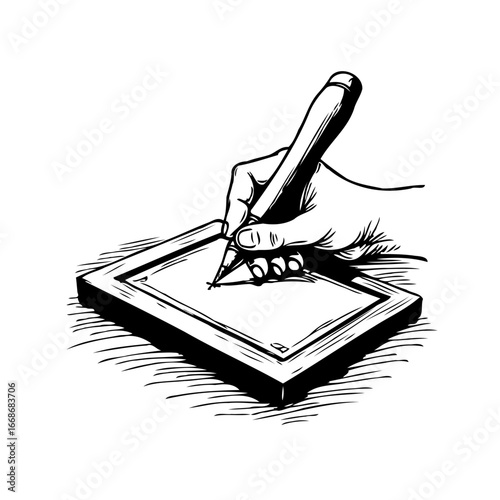 Digital artistry hand using stylus drawing on graphics tablet creating illustrations sketches and