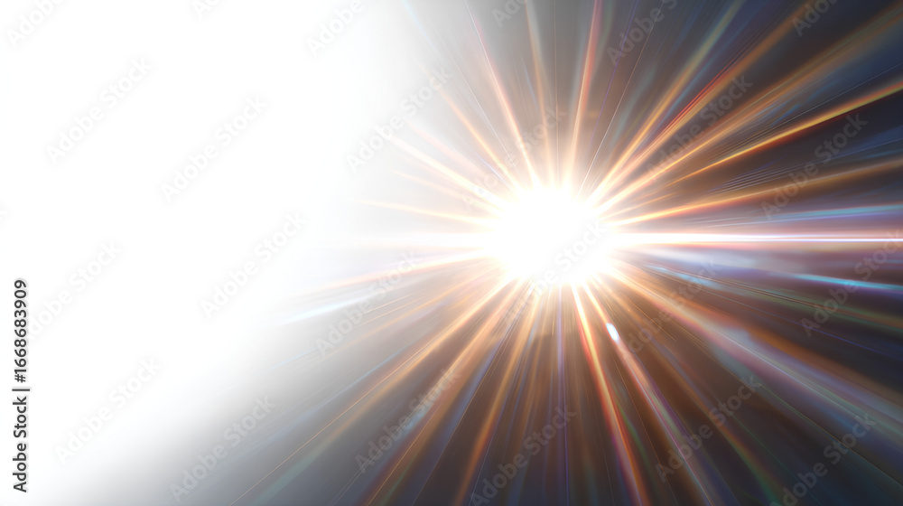 Fototapeta premium Lens flare and sunlight effect with white background. Glowing sun rays overlay for realistic lighting transitions, light leaks, and bright reflections. High-quality special effect.