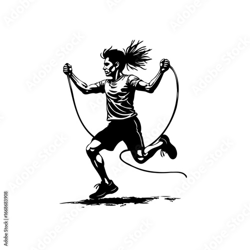 Dynamic action shot of a youthful athlete sprinting with a jump rope in bold black and white