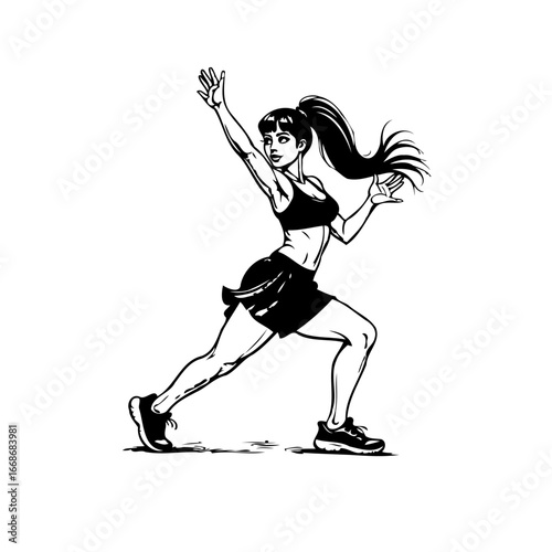 Dynamic athletic woman in action pose embodying strength determination and poise showcasing