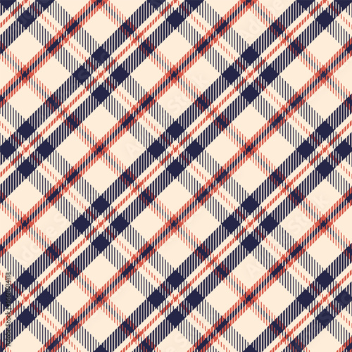 Plaid with twill weave repeat pattern.Checkered tartan gingham seamless pattern in navy blue orange beige.Geometric graphic vector illustration background design for fabric and prints.