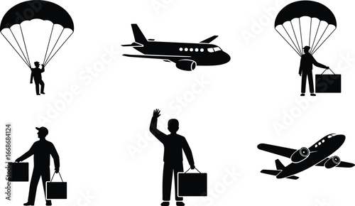 Black silhouette air travel and parachuting illustrations, airplane, passengers with luggage, parachute descent, aviation concept, airport traveler, flying, journey, trip, vacation