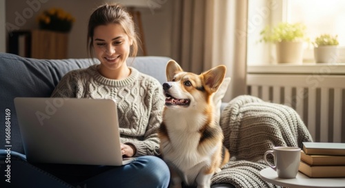 Woman works laptop, dog on sofa, home office