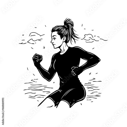 Dynamic female runner illustration in black and white showcasing athleticism and fitness in motion