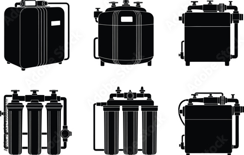 Industrial water filtration and purification system silhouette set with tanks pressure vessels filters reverse osmosis equipment treatment plant plumbing machinery vector illustration