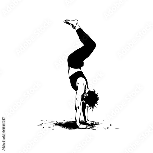 Dynamic handstand pose depicting strength balance and flexibility showing concentration in a