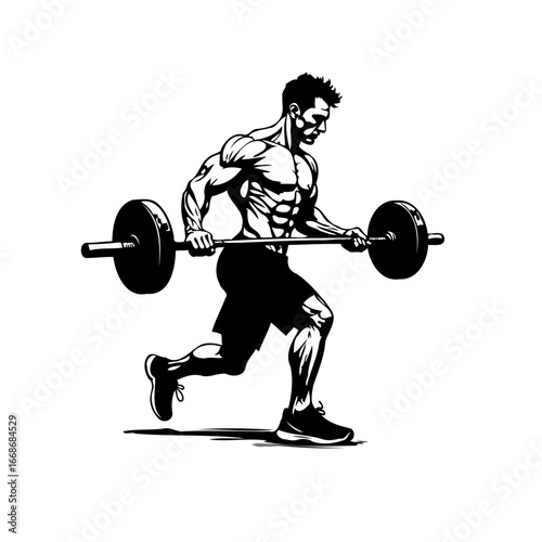 Dynamic monochrome depiction of a muscular athlete performing a barbell exercise with intense