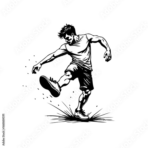 Dynamic monochrome illustration of athlete kicking powerful burst movement in striking pose vector