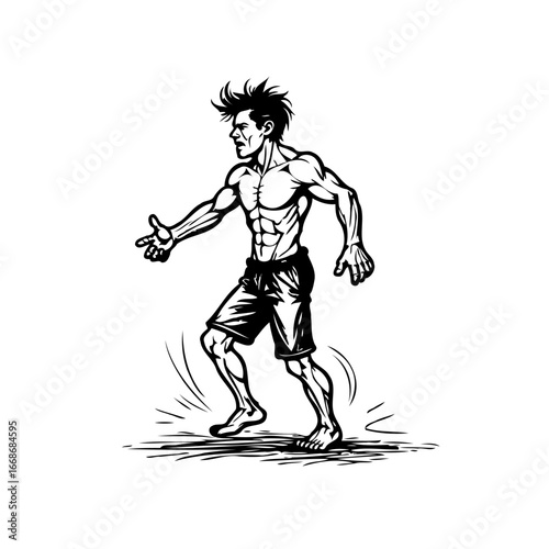 Dynamic monochrome illustration portrays a muscular man in mid stride evoking athletic prowess and