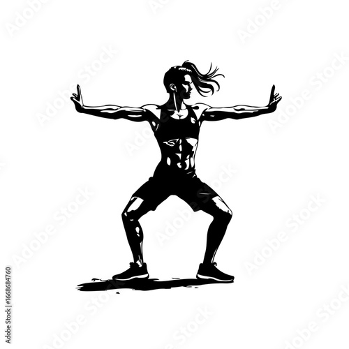 Dynamic Silhouette of a Muscular Woman in a Power Pose Demonstrating Strength and Athleticism with