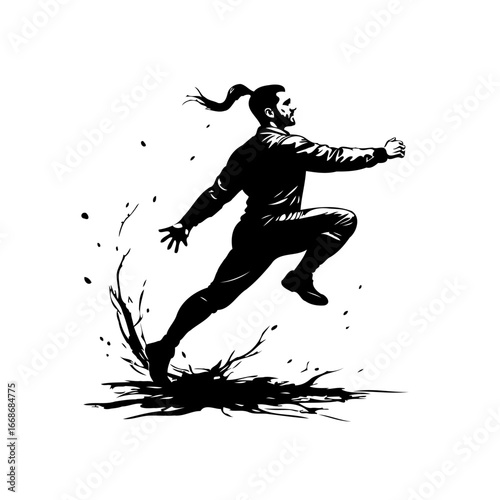 Dynamic silhouette of a male figure leaping forward with great energy and determination conveying