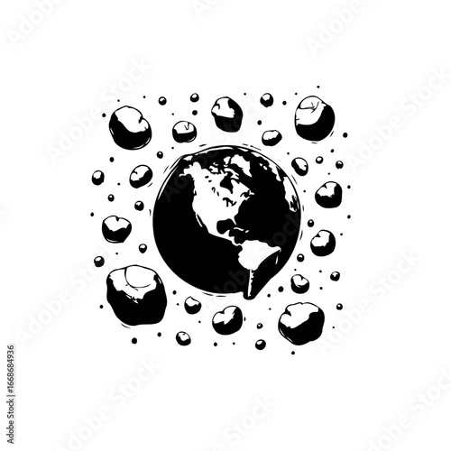 Earth surrounded by asteroids symbolizing planetary challenges highlighting environmental concerns