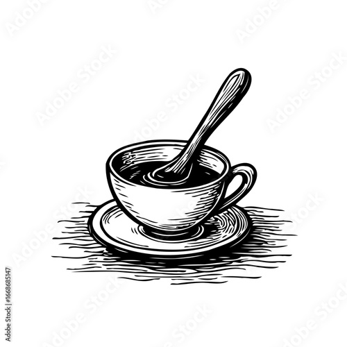 Elegant monochromatic sketch of a teacup with spoon offering a moment of contemplative pause in