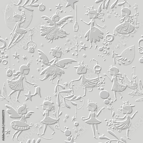 3D embossed seamless pattern in light gray with fairies, wings, stars and flowers. A dreamy and magical vector emboss endless texture with playful girls in fantasy style. Textured relief background.