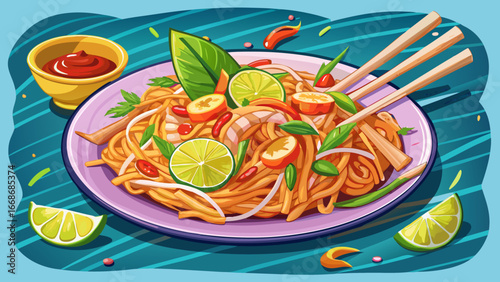  
Very beautiful Delicious Pad Thai with shrimps plate on night market. Traditional asian meal with noodles, peanut, lime. Exotic food snack on dinner. Culinary receipe, tasty dish, spicey savories, f