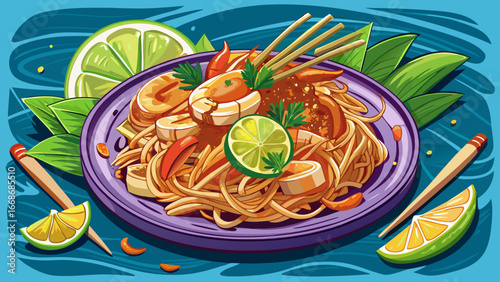  
Very beautiful Delicious Pad Thai with shrimps plate on night market. Traditional asian meal with noodles, peanut, lime. Exotic food snack on dinner. Culinary receipe, tasty dish, spicey savories, f