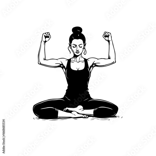 Empowered woman in lotus position conveys strength and serenity through mindful exercise at peace