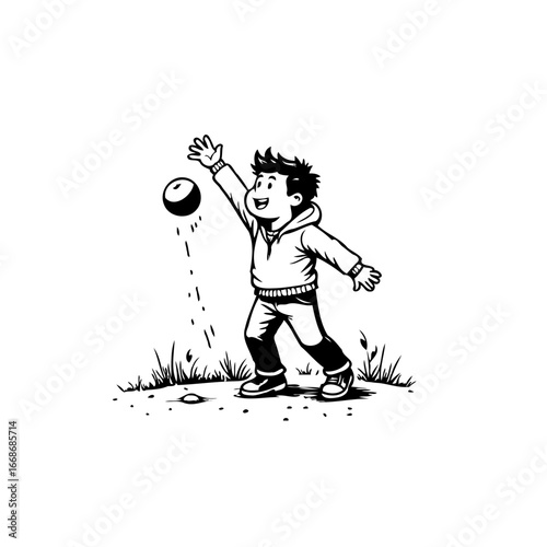 Energetic young boy playfully tosses a ball in the air monochrome outline illustration capturing