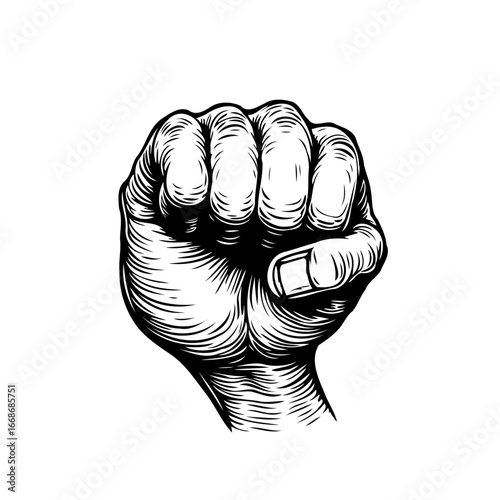 Engraved clenched fist symbolizing determination strength empowerment black bold illustration on